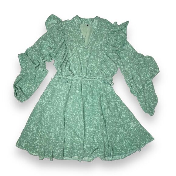 Sage Green Polka Dot Long Sleeve Ruffle Mini Dress Casual Flowy Swing Medium - Picture 5 of 10